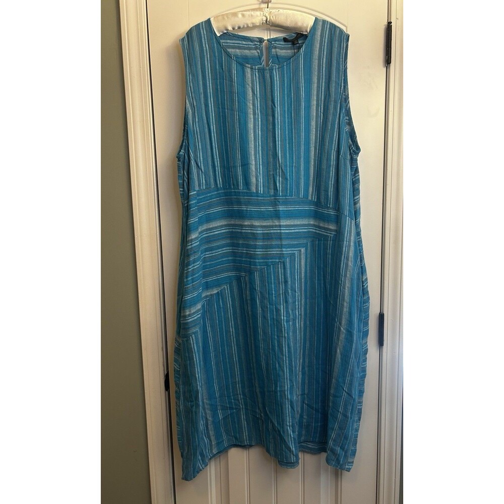 For Cynthia 3X Blue Striped Linen Blend Sleeveless Pocket Shift Dress Plus NWT - Picture 2 of 15